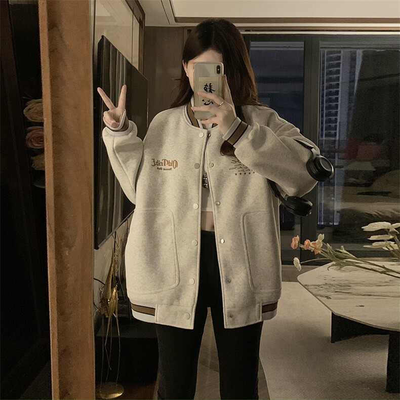C866-P100美式复古灰色棒球服外套女春秋宽松字母刺绣夹克上衣,男装夹克,星座911-2(原星座613-2）