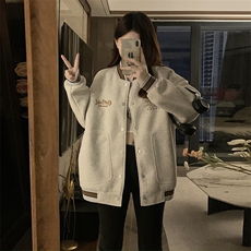C866-P100美式复古灰色棒球服外套女春秋宽松字母刺绣夹克上衣，男装夹克，星座911-2(原星座613-2）