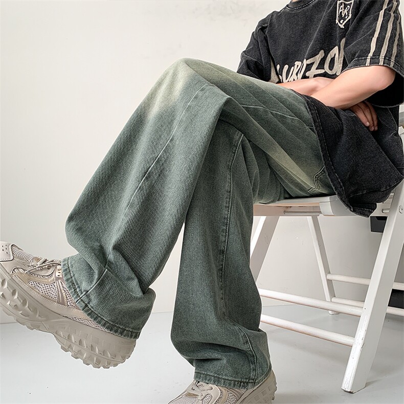 复古绿色直筒大码牛仔裤ins宽松阔腿拖地裤310A-2BK321P55控68，男装牛仔裤，星座310A-2
