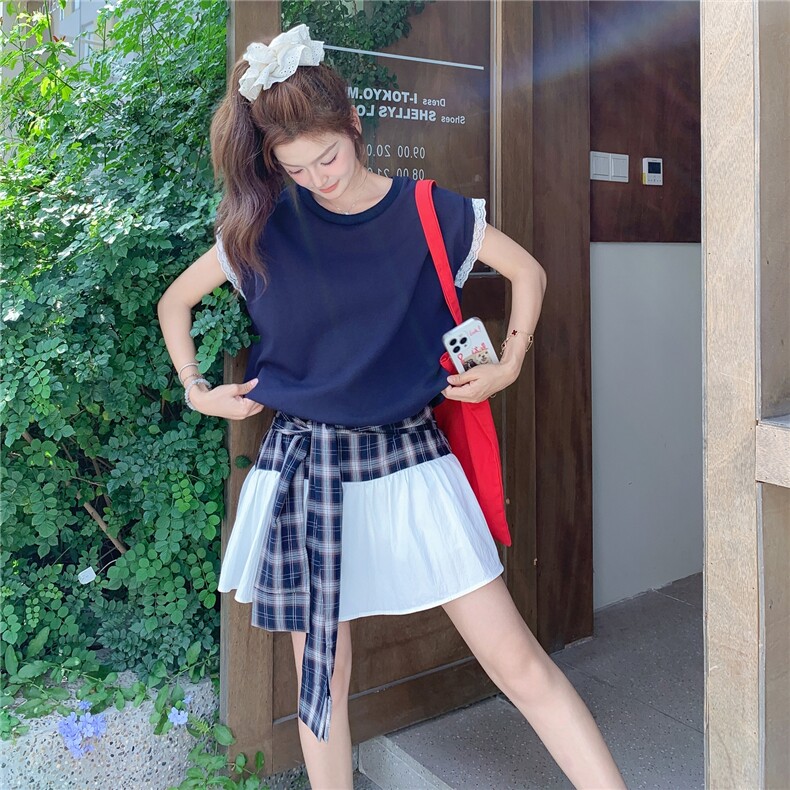 蕾丝拼接藏青色格子连衣裙女夏2025新款学院风少女感俏皮减龄爆款,女装连衣裙,2C058