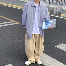 春秋薄款条纹衬衫男长袖ins港风日系宽松休闲韩版潮流百搭上衣服，男装衬衫，星座506A