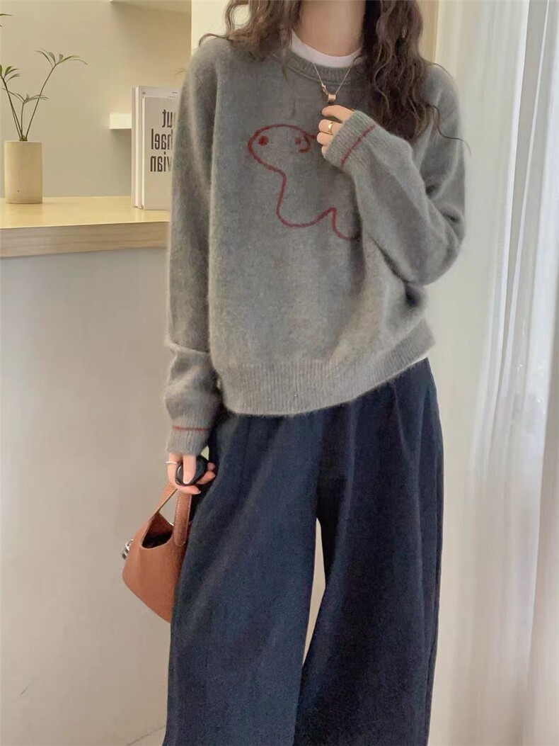 2026年秋季时尚百搭通勤简约休闲小熊提花圆领，女装针织衫/毛衣，米咔羊绒