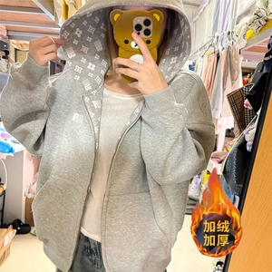 美式连帽卫衣女秋冬加绒字母印花开衫外套重磅潮牌宽松情侣上衣图片