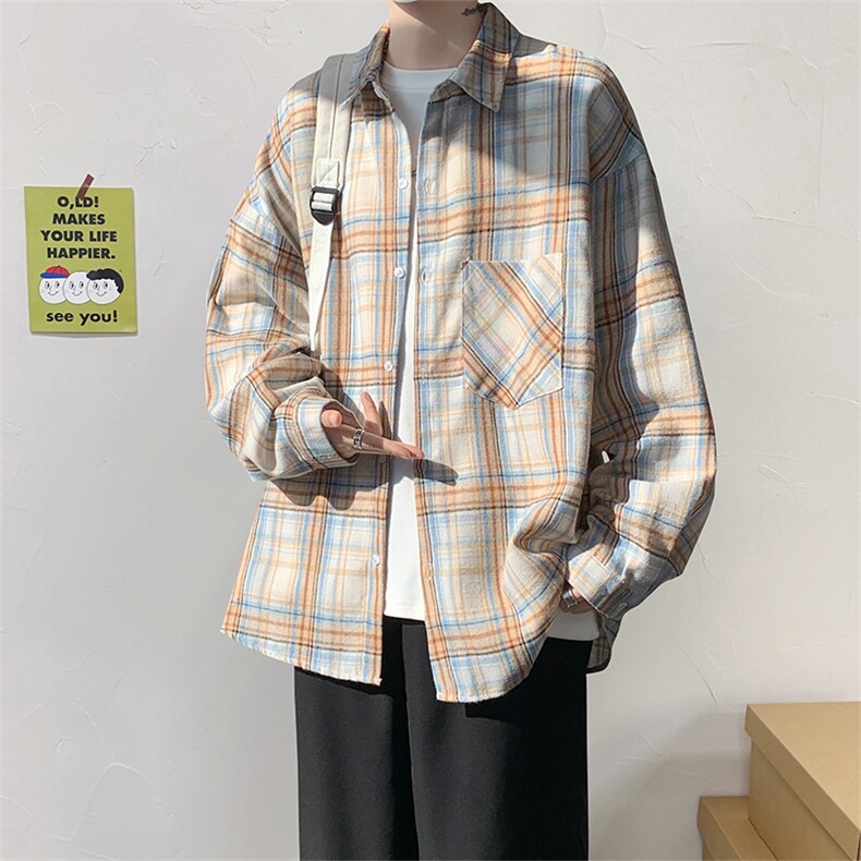 衬衫男春季新款港风宽松磨毛格子长袖衬衣CS602-特P28无差价，男装衬衫，星座214-3