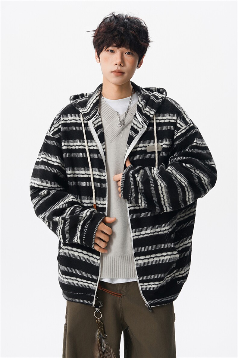 8XL-M潮情侣美式磨毛编织条纹针织衫卫衣宽松拉链外套WY30P88,男装针织衫/毛衣,电商D206-1