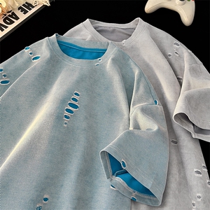 美式破洞短袖T恤男夏季潮牌半袖衣服宽松重磅体恤衫T3650-特价P33图片