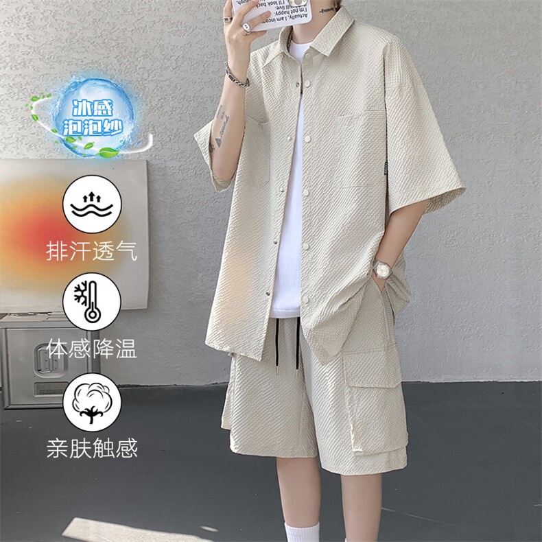 特批P55无差价夏季休闲泡泡纱大码冰丝短袖短裤两件套男TZ5585,男装休闲套装,电商A001