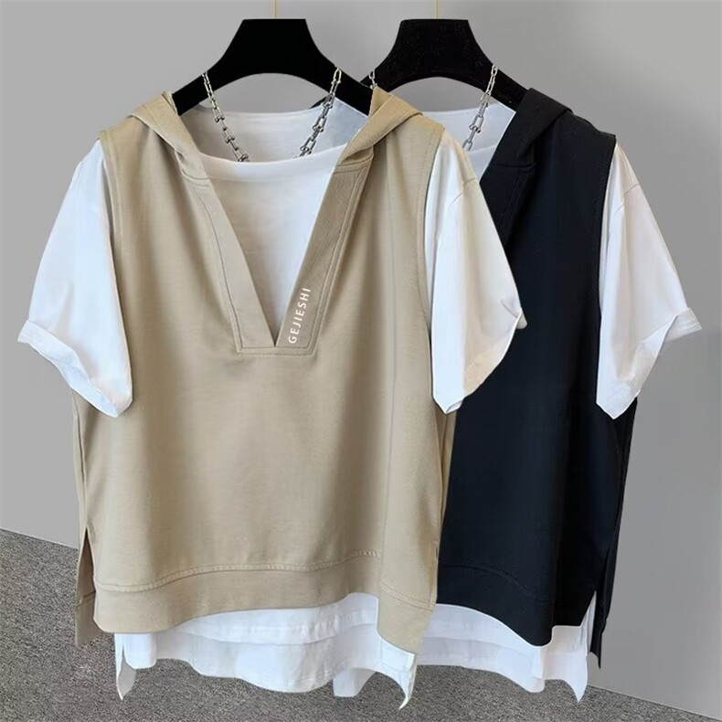 美式复古灰色五分袖连帽马甲男女春秋设计感小众慵懒风外搭上衣，男装T恤，星座1210-1