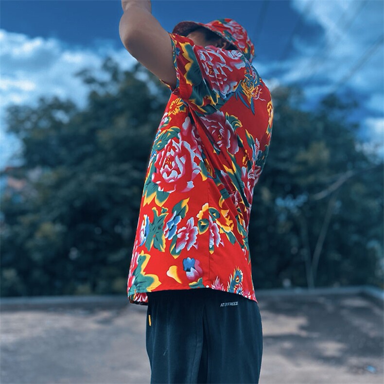 HT203夏男休闲东北大花民族风牡丹花圆领短袖T恤青少年大码男女潮，男装T恤，星座115A-2