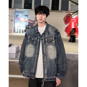 F683P70春夏复古牛仔外套男款痞帅扎染男生牛仔衣高级感工图片