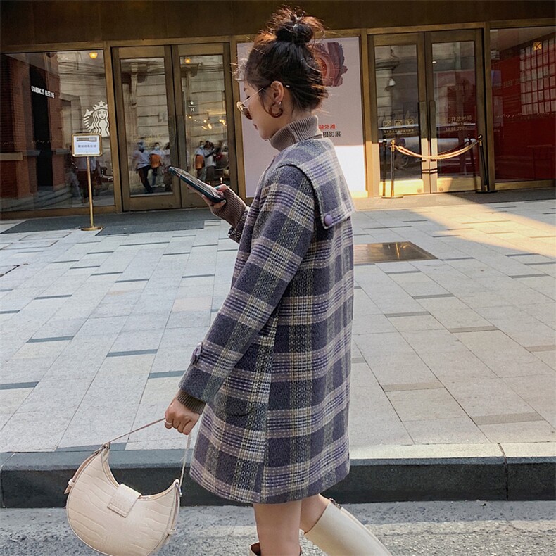 韩版时尚优雅格纹毛呢外套女秋冬季新款显瘦气质双排扣中长款大衣,女装毛呢外套,秋水欣儿
