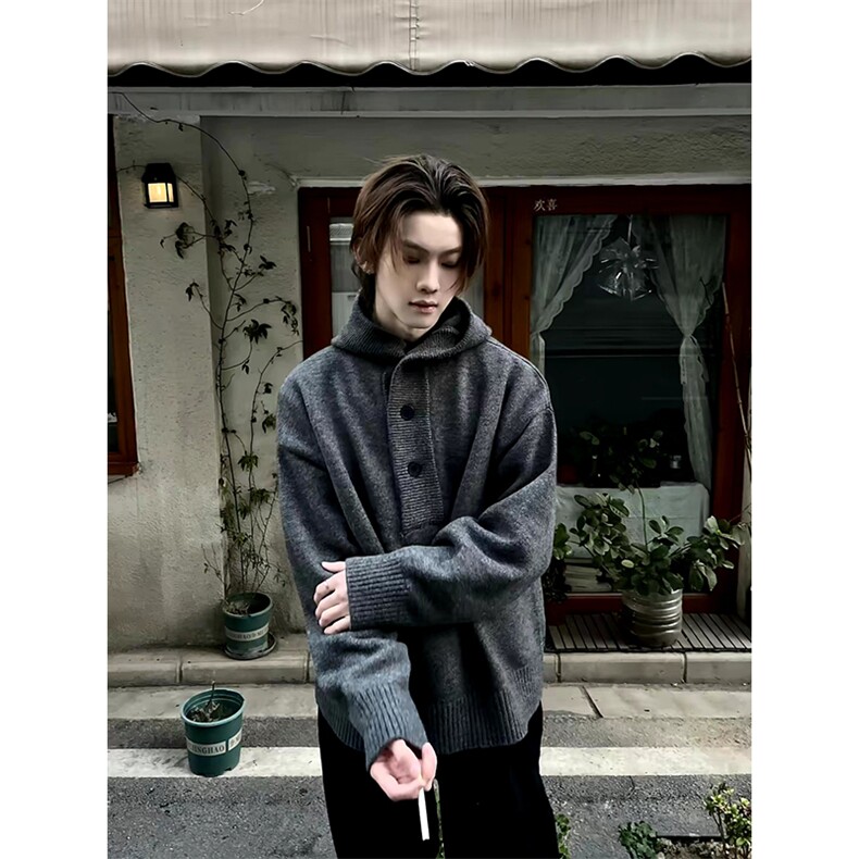 重磅秋冬装北极绒开衫毛衣美式复古休闲慵懒风针织衫加厚连帽外套,男装针织衫/毛衣,电商A486
