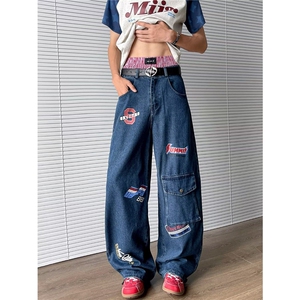 刺绣弯刀牛仔裤男女2025春季新款宽松bf美式街头拖地长裤图片