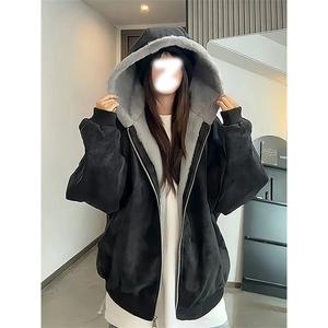 座山雕羊羔绒外套女男冬季加绒加厚保暖夹克棉服情侣短款连帽棉衣图片