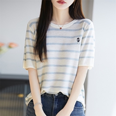 夏新款圆领条纹拼色刺绣小花精纺羊毛短袖T恤女休闲宽松针织上衣，女装针织衫/毛衣，唐诺