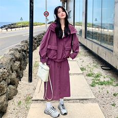 紫色连帽工装风外套半身裙套装女春秋新款韩系休闲小个子两件套潮，女装套装/套裙，2C007