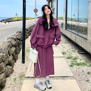 紫色连帽工装风外套半身裙套装女春秋新款韩系休闲小个子两件套潮图片