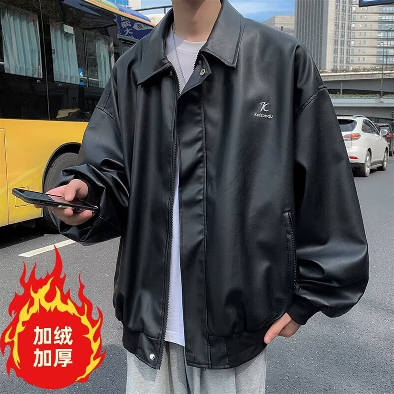 高级感PU皮衣夹克加绒痞帅机车美式韩版美拉德风外套Y1011P85网图图片