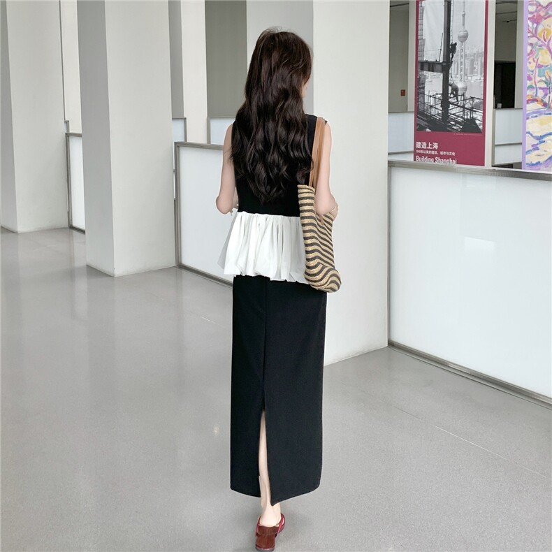 今年流行撞色v领无袖上衣半身裙两件套女2025夏新款法式优雅显瘦,女装套装/套裙,2C090