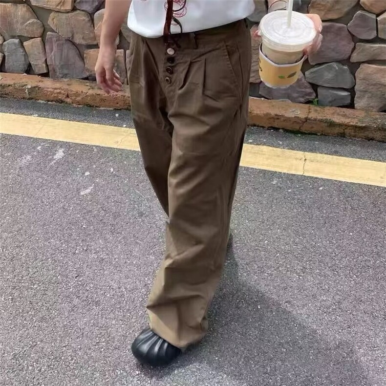美式高街复古纽扣设计感简约休闲裤男女宽松直筒百搭阔腿长裤,男装休闲裤,星座506A