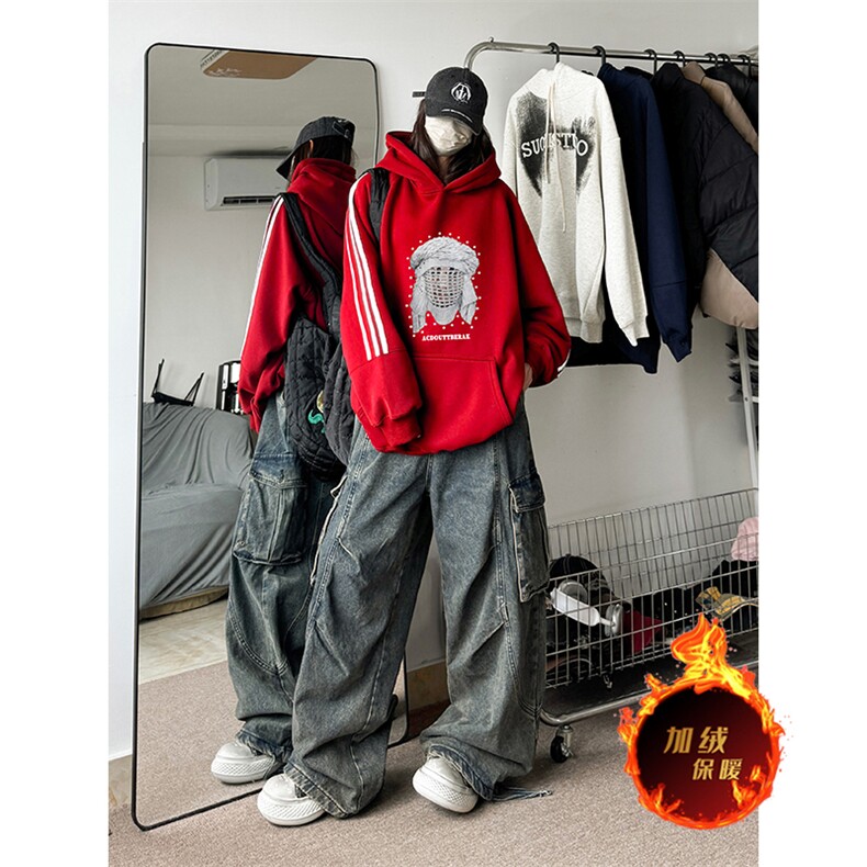 抖音得物供货提供视频秋冬重磅美式宽松织带连帽卫衣0436,男装卫衣,电商A486