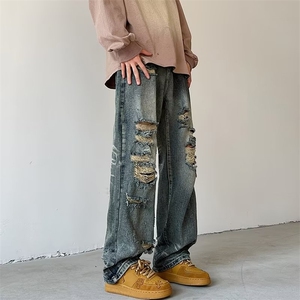 美式复古高街破洞牛仔裤男士春秋款宽松直筒阔腿 N3398 P52图片