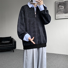 新款假两件条纹拉链衬衫领休闲春款卫衣高街休闲学院卫衣特P50，男装卫衣，电商B319
