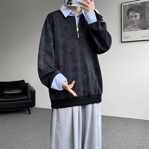 新款假两件条纹拉链衬衫领休闲春款卫衣 高街休闲学院卫衣 特P50图片