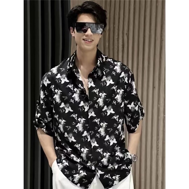 痞帅男装夏季套装时尚潮流穿搭高级感新款蝴蝶印花衬衫男冰丝一套图片
