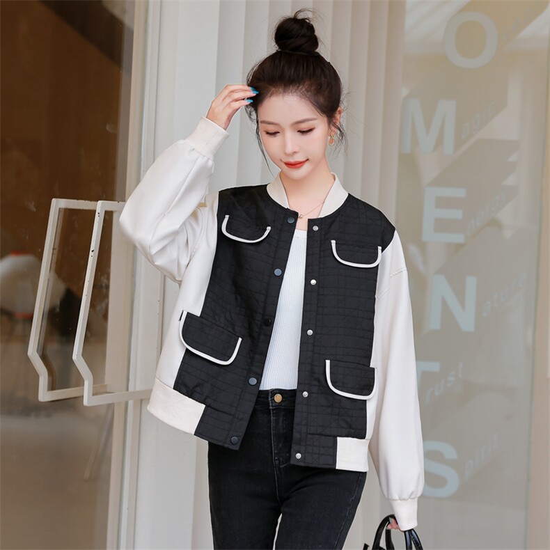 PU皮拼接假两件菱格棒球服女2022秋季新款时尚百搭纯色立领短外套,女装短外套,辉之琳
