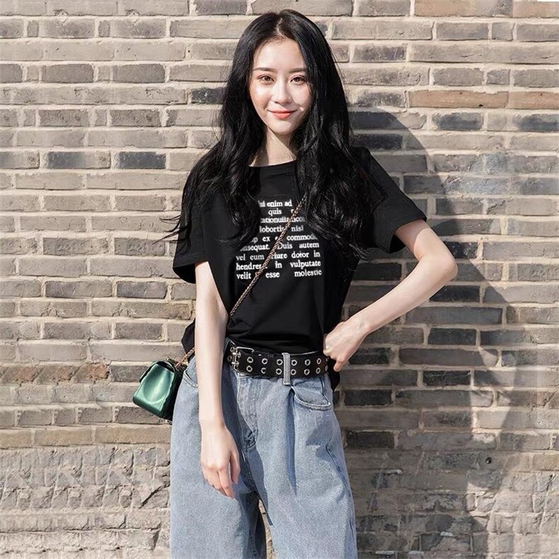 新款韩版时尚百搭休闲字母印花简约短袖T恤,女装T恤,L·H·X