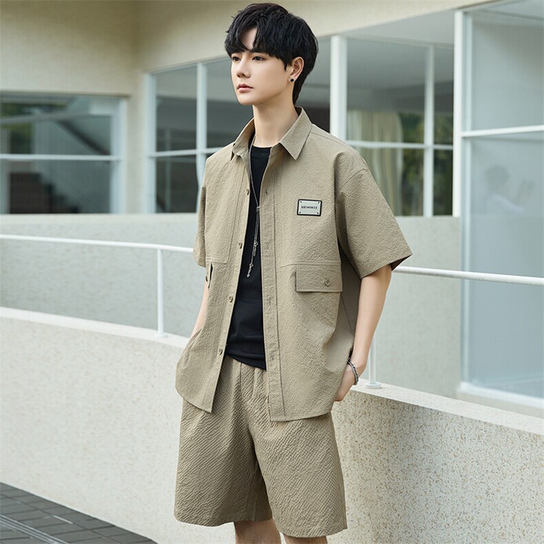 休闲套装男夏季薄款衬衫男士短袖短裤两件套衬衣帅气Y2505-P105,男装休闲套装,电商A355（原A415）