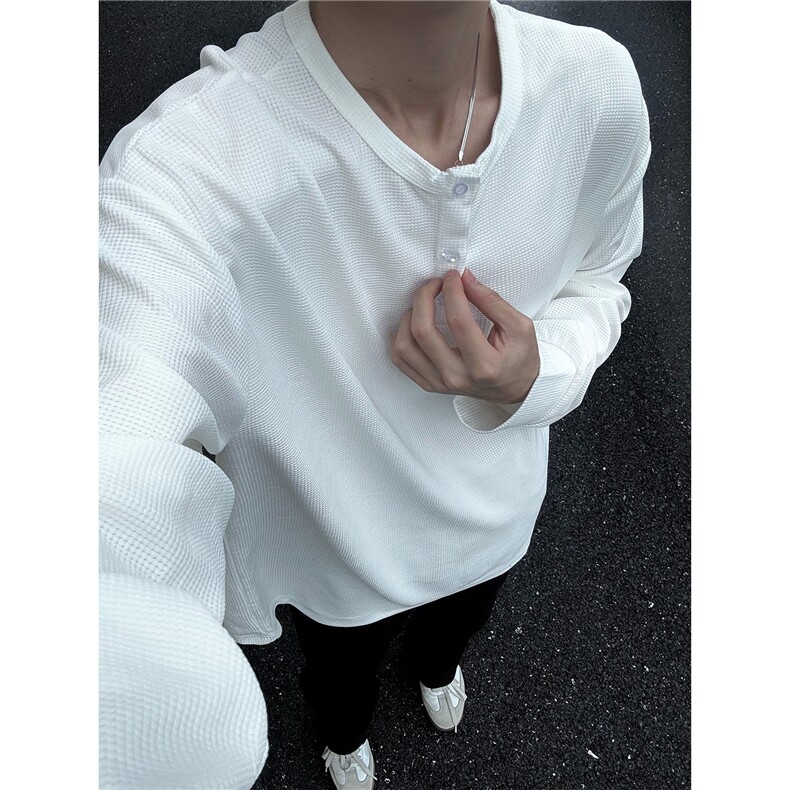 wassuphappy亨利领长袖t恤男春秋季潮流华夫格高级感休闲打底衫，男装T恤，电商A233-1