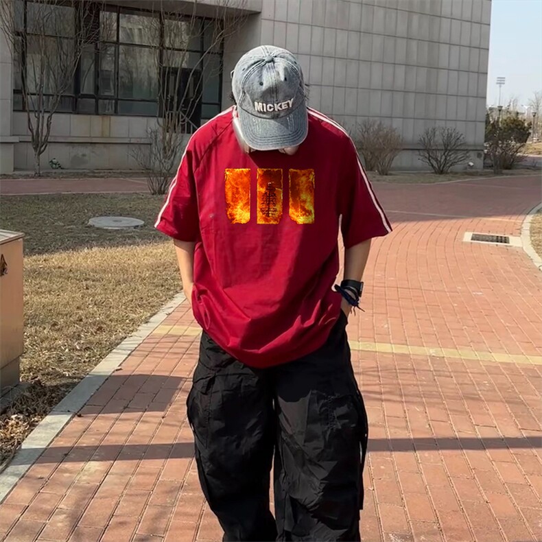 抖音得物高品质二开240克宽松纯棉美式潮牌三条杠织带短袖T恤,男装T恤,电商A486-1