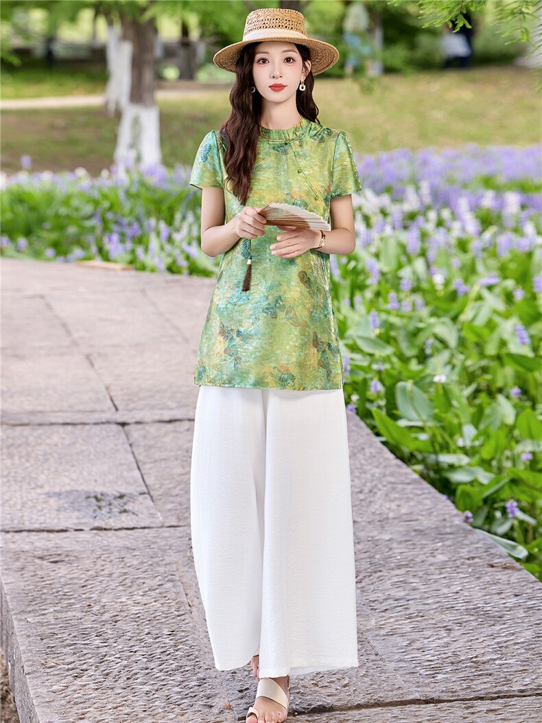 新中式印花盘扣上衣+阔腿裤两件套,女装套装/套裙,鑫鑫美