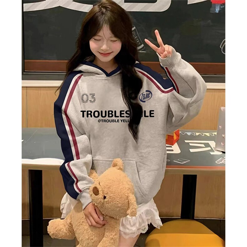 抖音得物秋装美式重磅全棉拼接撞色连帽卫印花衣外套A3202,女装短外套,电商A443