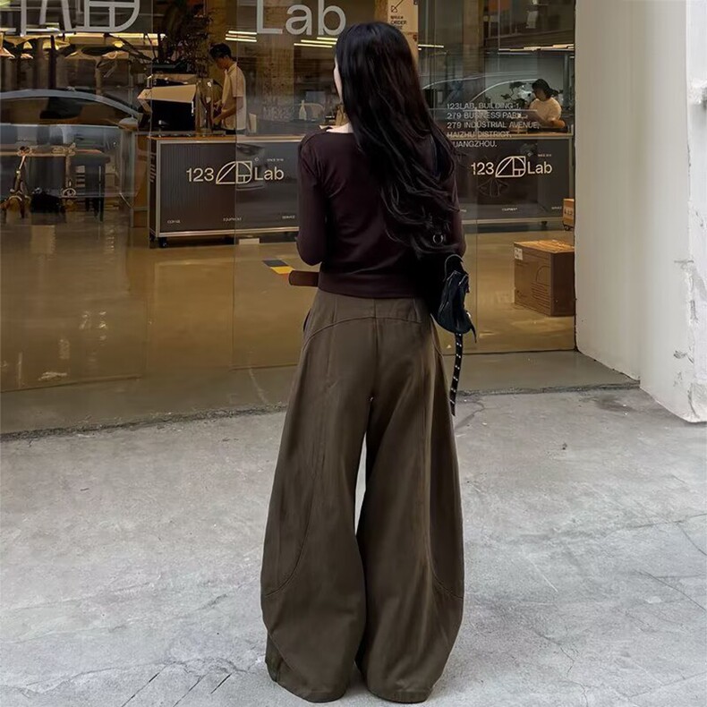 美拉德棕咖色工装弯刀牛仔裤女春季潮流水洗高腰宽松阔腿镰刀裤子,男装牛仔裤,星座1409-3