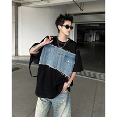 现货！25牛仔拼接水洗男士设计感短袖T恤DX201-P78，男装T恤，电商B288
