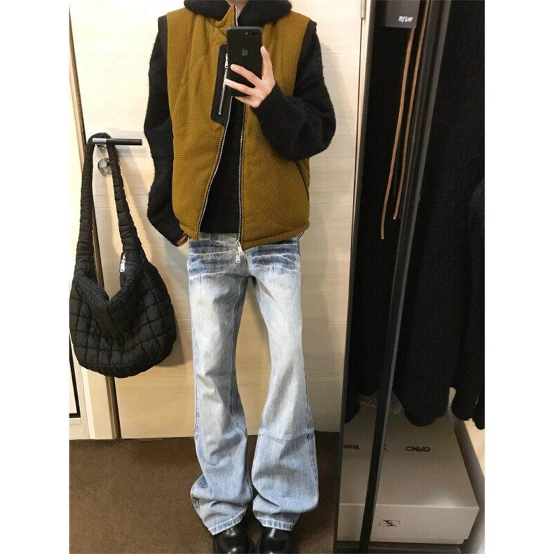 美式高街vibe裤子男款春秋水洗蓝加绒牛仔裤cleanfit弯刀直筒长裤,男装牛仔裤,星座1007（原301D）