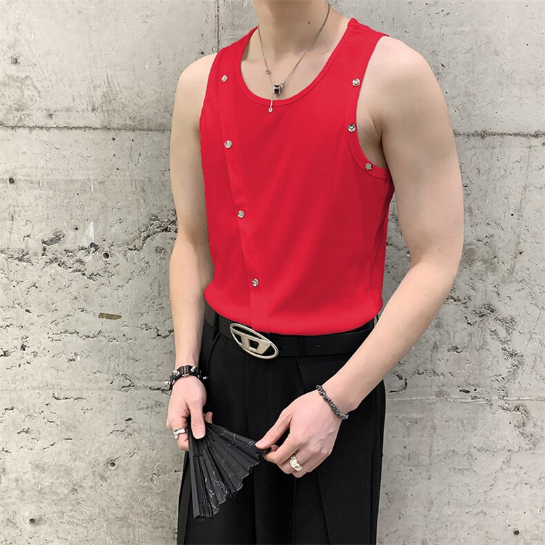 夏装小众蛇纹坑条大码背心性感白色排扣无袖T恤男女肌理感上衣,男装背心/马甲,星座909