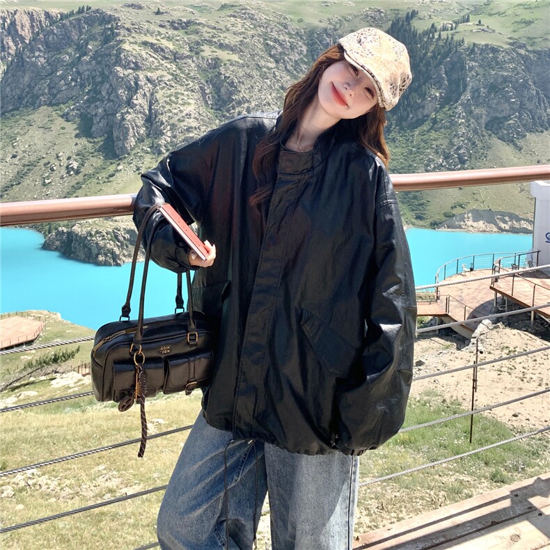 设计感皮衣外套女春秋款宽松休闲百搭上衣潮酷洋气中长款PU皮夹克,女装皮衣,维壹