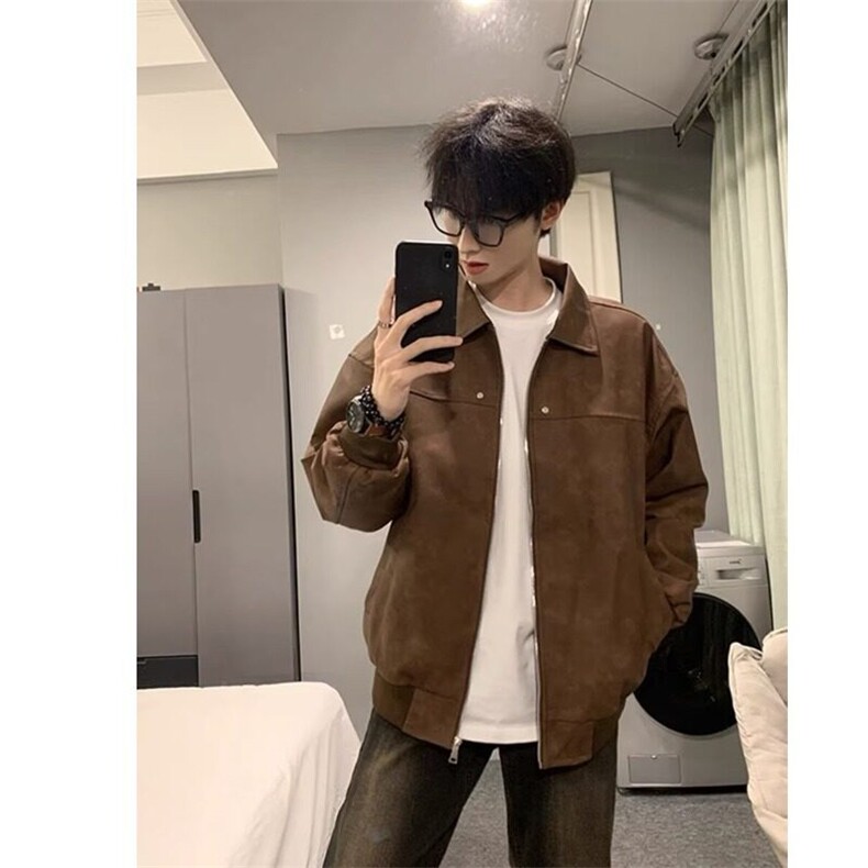 新款复古皮衣翻领休闲夹克男春秋季ins潮流宽松纯色百搭机车外套,男装夹克,星座506A