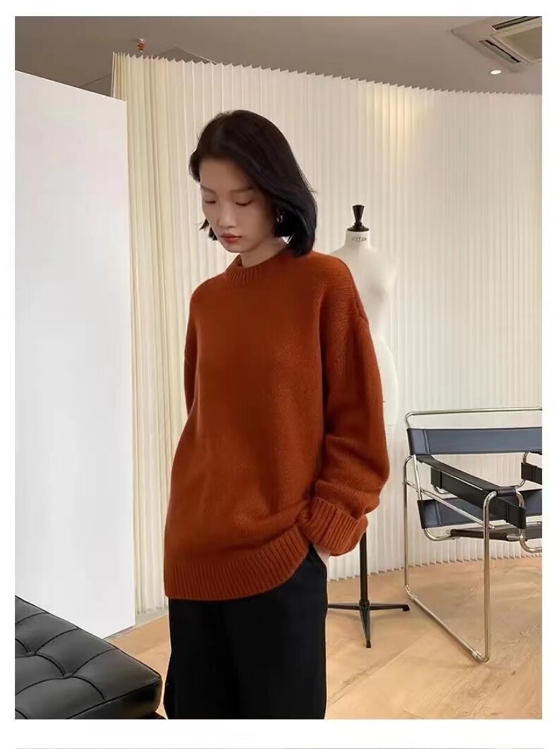 秋季女士宽松简约百搭纯色三股廓形圆领打底衫,女装羊毛衫,恒恩羊绒