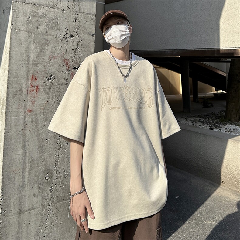 2023夏美式复古麂皮绒烧花短袖T恤男休闲宽松百搭打底衫T156-P38,男装T恤,电商A001-1