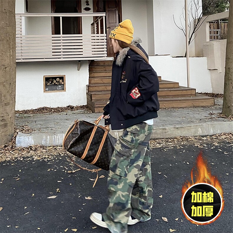 现货高品质美式高街重磅刺绣座山雕大毛毛领棉衣男女加厚棉服外套，男装棉衣，电商A443