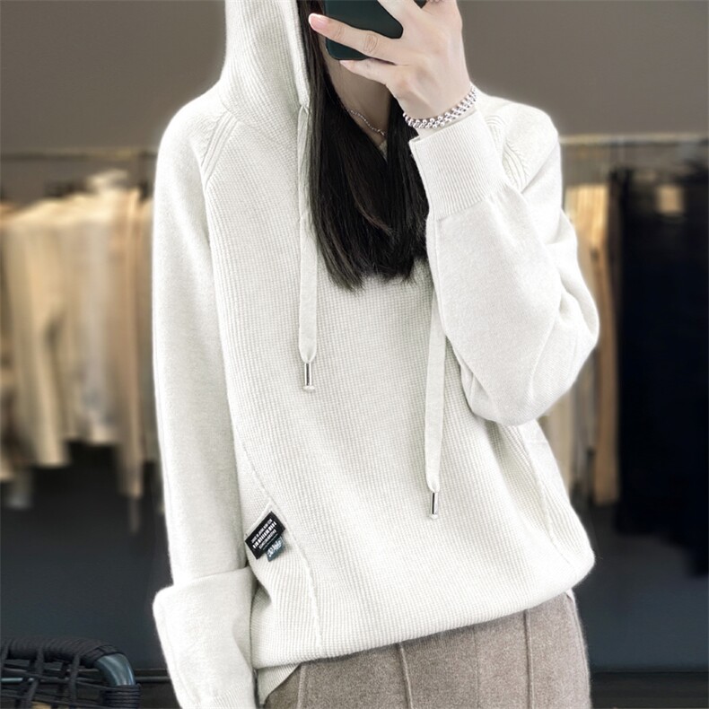 2024秋季新款连帽纯色抽绳长袖套头卫衣女针织帽衫针织衫,针织衫/毛衣,暖娇绒包芯纱店