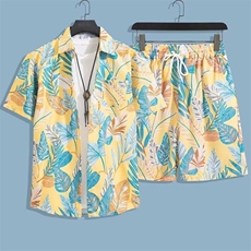 海边沙滩夏威夷短袖花衬衫套装男夏季潮牌衬衣沙滩服度假男装一套，男装衬衫，星座506B