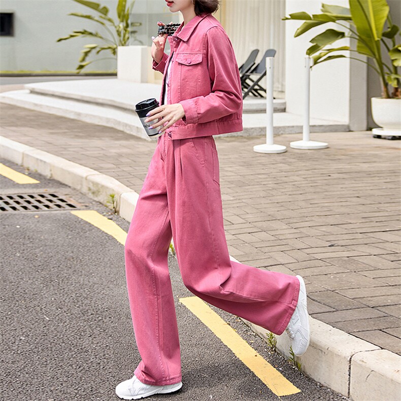 粉色欧货时尚牛仔套装女夏季高级感宽松潮流短外套直筒裤两件套潮,女装套装/套裙,跑量工厂店