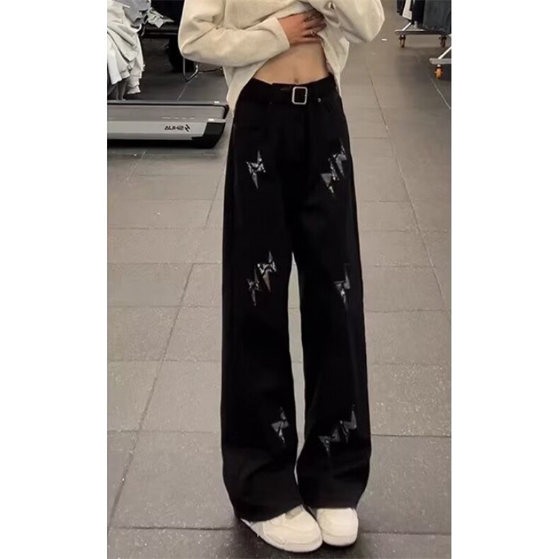 贴皮十字架直筒牛仔裤女设计感高腰气质显瘦阔腿长裤子NG979,男装牛仔裤,星座1116A（原606A-3）