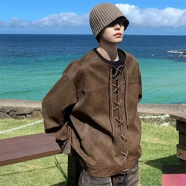 秋冬装外穿抽绳皮衣对襟后背飞片复古个性宽松别致外套JK669,男装皮衣,星座1116A（原606A-3）